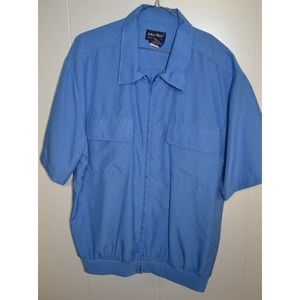 Vintage John Blair Zip Up Blue Short Sleeve Shirt Size Large L Knit Hem Pockets